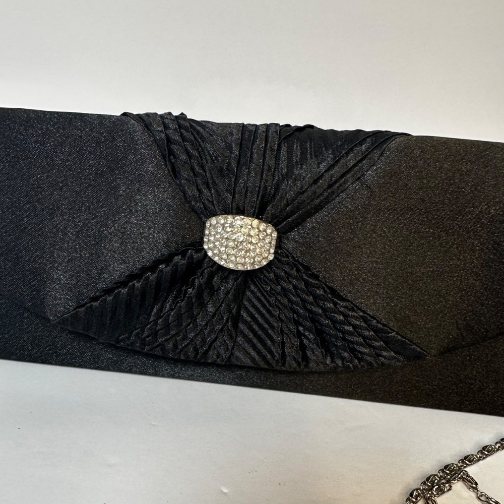Vintage Black Satin Evening Clutch with Rhinestone Clasp & Chain Strap - Picture 2 of 8